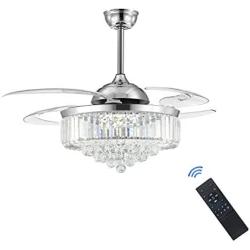 48 Inches Reverse Dimmable Fandelier Crystal Ceiling Fans with Light, Siljoy Modern Invisible Retractable Chandelier Fan LED Ceiling Fan for Bedroom Living Dining Room, Polished Chrome