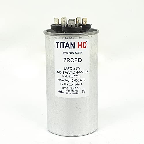 Titan Hd Round Motor Dual Run Capacitor, 45/5 Microfarad Rating, 370-440VAC Voltage - PRCFD455A