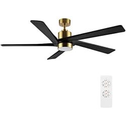 WINGBO 64 Inch DC Ceiling Fan with Lights and Remote Control, 5 Reversible Carved Wood Blades, 6-Speed Noiseless DC Motor, Modern Ceiling Fan in Brass Finish with Balck Blades, ETL Listed