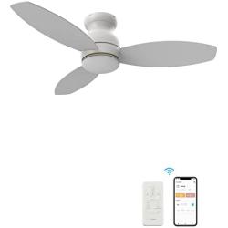 Flush Mount White Ceiling Fan, 48 Inch Smart Ceiling Fan With Dimmable Lights And 10 Speeds, Compatible With Alexa, Siri & Google, 3 Blades Modern Style