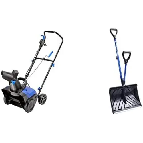 Snow Joe SJ615E Electric Single Stage Snow Thrower | 15-Inch | 11 Amp Motor,Black & SJ-SHLV01 18-in Strain-Reducing Snow Shovel w/Spring Assisted Handle, Blue