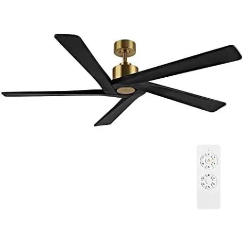 WINGBO 64 Inch DC Ceiling Fan without Lights, 5 Reversible Carved Solid Wood Blades, 6-Speed Noiseless DC Motor, Ceiling Fan No Light with Remote, Brass Finish with Black Blades, ETL Listed