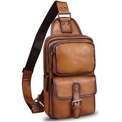 Genuine Leather Sling Bag Crossbody Motorcycle Bag Handmade Hiking Chest Daypack Retro Shoulder Backpack (Brown)