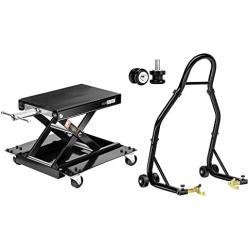VIVOHOME 1100 Lbs Steel Wide Deck Motorcycle Lift ATV Scissor Lift Jack with SPECSTAR Heavy Duty Motorcycle Rear Wheel Lift Universal Sport Bike Swingarm Spool Paddock Stand Combo