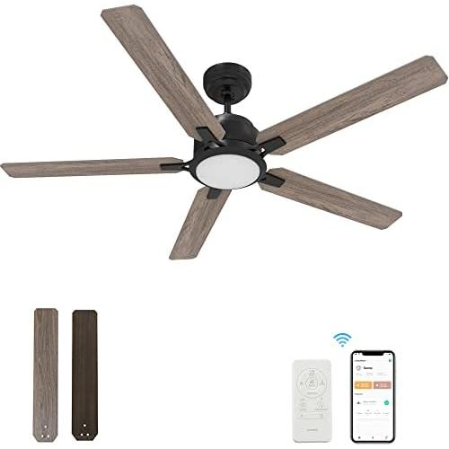 52“ Indoor & Outdoor Ceiling Fan With Light, Low Profile Smart Ceiling Fan With 10 Speeds, Silent DC Motor, Farmhouse Ceiling Fan Compatible with Alexa, Siri, Google & Smart App, Black & Walnut