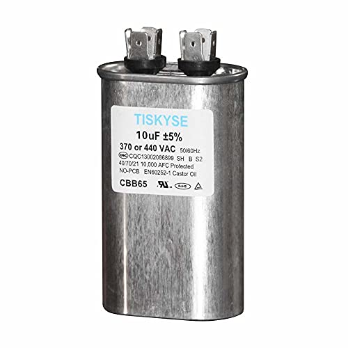 TISKYSE 10 uf MFD 370 or 440 VAC CBB65 Oval Run Capacitor for Fan Motor Blower Condenser in Air Handler Straight Cool or Heat Pump Air Conditioner