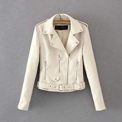Women Ladies Lapel Motor Jacket Coat Zip Biker Short Punk Cropped Tops Solid Color Faux Leather Jacket