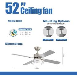 warmiplanet Ceiling Fan with Lights Remote Control, 52 Inch, Brushed Nickel Motor (4-Blades)…