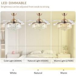 NOXARTE Chandelier Ceiling Fan Modern Dimmable Crystal Raindrop Ceiling Light Invisible Retractable Blades Fan for Bedroom Living Room Gold 36 Inch