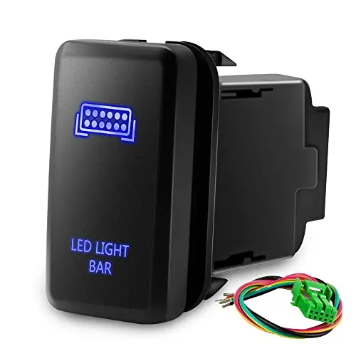 MNJ Motor 12V LED Light BAR Push Button Backlit Switch with Connector Wire Kit ON-Off Switch Blue Compatible with Toyota (Surface Size 1.54 x 0.83 inches)
