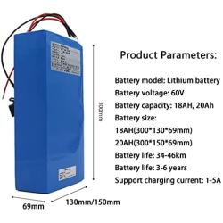 Jieoto 60V 18AH/ 20AH Electric Bicycles Lithium Battery Waterproof PVC Battery Pack with Charger, Fit for Scooter Electric Motorcycles Patrol Cars Electric ATVs Mopeds