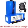 Jieoto 36V E-Bike Battery Pack 30Ah Rechargeable Battery 30000mAh 10S 6P Electric Bike Lithium Battery with 2A Charger and BMS Fit for 200W 250W 350W 500W 750W 900W 1000W Motor