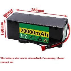 Jieoto 36V 20AH Battery 20000mAh 10S 7P Lithium Battery Pack E-Bike Waterproof Rechargeable Battery Pack with BMS and Charger Fit for 650W 500W 350W 250W 200W Motor