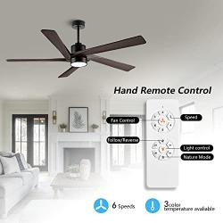 WINGBO 54 Inch DC Ceiling Fan with Lights and Remote Control, 5 Reversible Carved Wood Blades, 6-Speed Noiseless DC Motor, Modern Ceiling Fan in Matte Black Finish with Walnut Blades, ETL Listed
