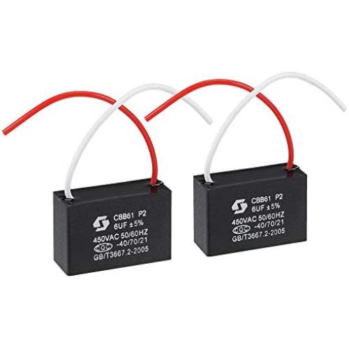 uxcell Ceiling Fan Capacitor CBB61 6uF 450V AC 2 Wires Metallized Polypropylene Film Capacitor 48x32x19mm for Electric Fan Pump Motor Generator 2Pcs