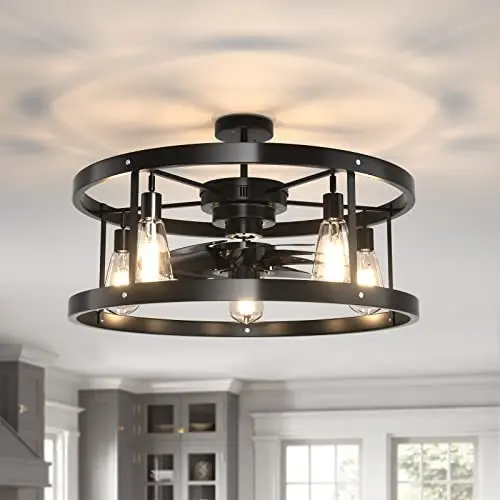 CASENKE Ceiling Fan with Lights Remote Control, Black Industrial Ceiling Fan Low Profile for Bedroom Kitchen Living Room 5 × E26 Base (No Bulbs Included)