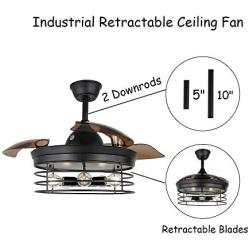 36 Industrial Retractable Ceiling Fan, ceiling fan with retractable blades, remote control, 3 speed, silent motor, Black (Bulb Not Included)