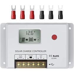 Solar Charge Controller 10A, Bateria Power 12V/24V PWM Solar Controller with LCD Display Dual USB Multiple Load Control Modes for AGM, Gel, Flooded and Lithium Battery, Used in RVs, Boats, Yachts