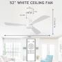 Obabala 52 White Ceiling Fan with Lights Modern Ceiling Fan with Remote Control Reversible DC Motor and Matte White, 6 Speed, Timer
