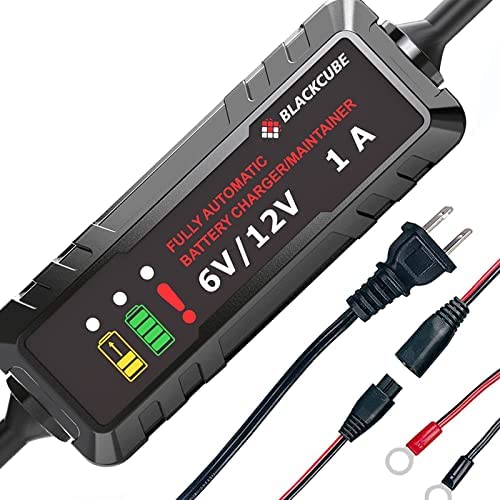 BLACKCUBE 1-Amp Smart Car Battery Charger and Maintainer Full Automatic 6V/12V 5-Stages Smart Trickle Charger with Clamps for Car, Motorcycle, Lawn Mower, Boat RV, SUV, ATV