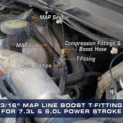 GlowShift 3/16” MAP Line Boost T-Fitting Adapter Compatible with Ford F-Series 1992-1997 & F-250 F-350 Super Duty 7.3L 6.0L Power Stroke 1999-2007 - 1/8-27 NPT Sensor Port - Includes Hose Clamps