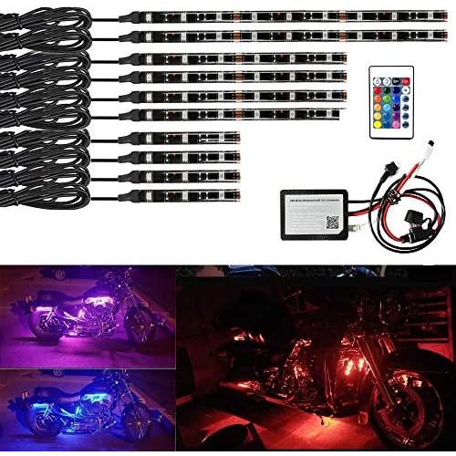NBWDY 10Pcs RGB Motorcycle LED Light Kit Waterproof Multi-Color LED Underglow Atmosphere Lights with IR Remote Music APP Controller for Motorcycles ATVs UTVs Trikes Golf Carts Scooter NBWDY 10Pcs RGB Motorcycle LED Light Kit Waterproof Multi-Color LED Underglow Atmosphere Lights with IR Remote Music APP Controller for Motorcycles ATVs UTVs Trikes Golf Carts Scooter