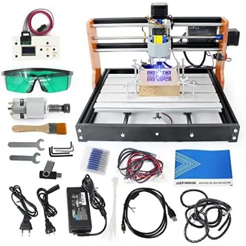 2 in 1 CNC 3018 Pro with 10W 10000mW Module GRBL Control DIY Mini CNC Router Kit 3 Axis Desktop Acrylic PVC PCB Wood Milling Engraving Machine with Offline Controller Limit Switches Emergency Stop