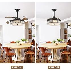 Crystal Ceiling Fan Lights Dimmable LED Fandelier, Siljoy 42 inch Modern Reverse Retractable Blades Fan Mute Motor Chandelier Ceiling Fans with Remote for Dining Room Bedroom, Black