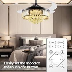 36in Dimmable Retractable Crystal Ceiling Fan Color Temperature 500k-6500k Fandelier Ceiling Fan with Lights Memory 6 Speed Chandeliers with Fans Retractable Blades for Bedroom Room