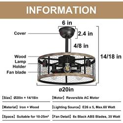 Ohniyou 20 Caged Ceiling Fans and Vintage LED Edison Bulbs,Rustic Farmhouse Ceiling Fan with Lights Remote Control, Reversible Motor, 3 Speeds, 4 Hours Timing