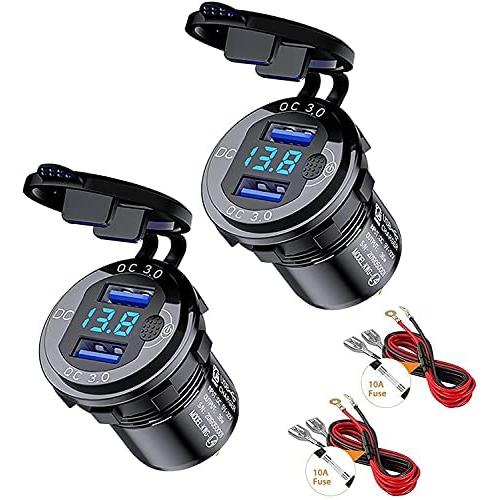 Thlevel 3.0 USB Quick Charger Socket, 12V/24V Dual USB Charger Socket with Switch On/Off and Waterproof LED Digital Voltemeter for Marine, Boat, Motorcycle, Truck and More (2PCS)