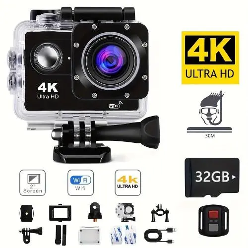 4K Action Camera, with 32G Memory Card, Pre-recording WiFi Camera 170° Remote Control Sports Cameras with Helmet Mount Accessories Kits, for Suitable for Beginners to Take Photos And Record Videos, Christmas, Festival, New Year's Gift