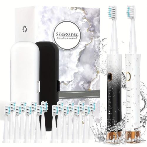 [Sonic Electric Toothbrush] 2pcs Sonic Electric Toothbrush - Adult with 16 Brush Heads, Long Battery Life, Fast Charging, 6 Cleaning Modes, Smart Time Reminder, Valentine's Day Gift